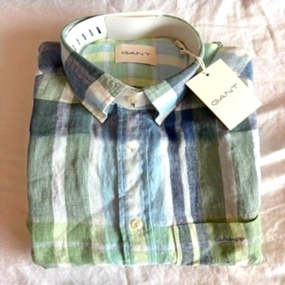 Gant Madras Men's Short Sleeved Linen Shirt Green Size M